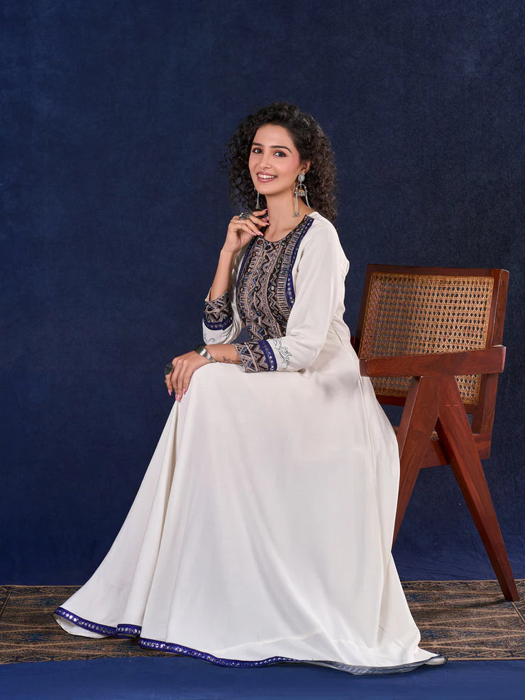 Majestic Off-White Rayon Anarkali Gown with Kalamkari Yoke & Mirror Work