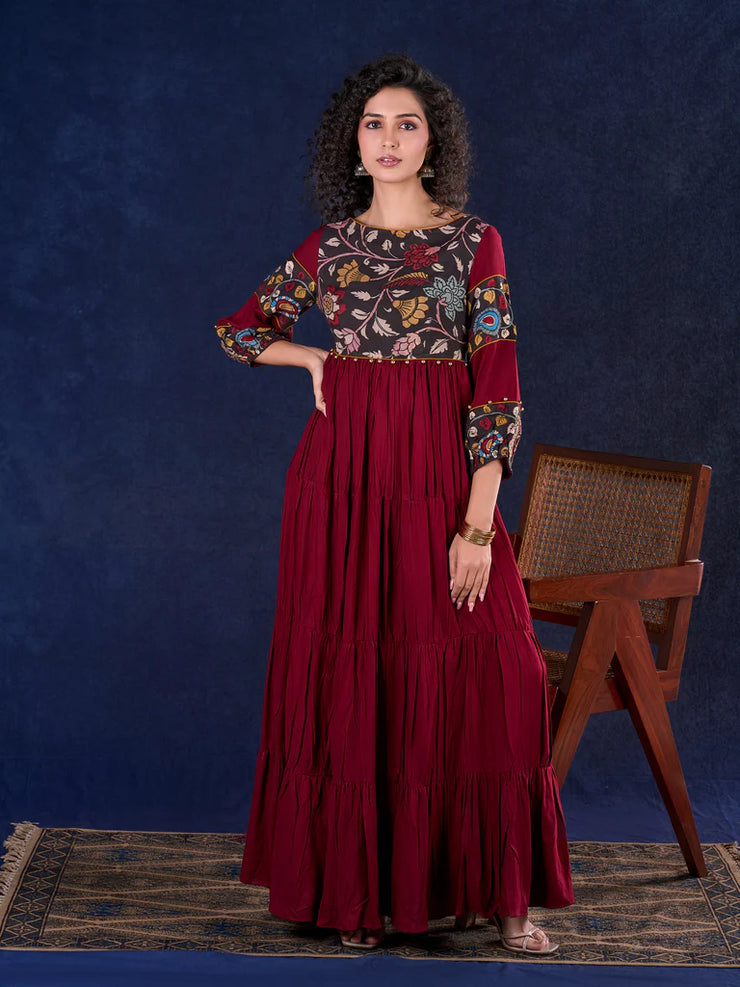 Timeless Maroon Rayon Layered Anarkali Gown with Kalamkari & Golden Accents