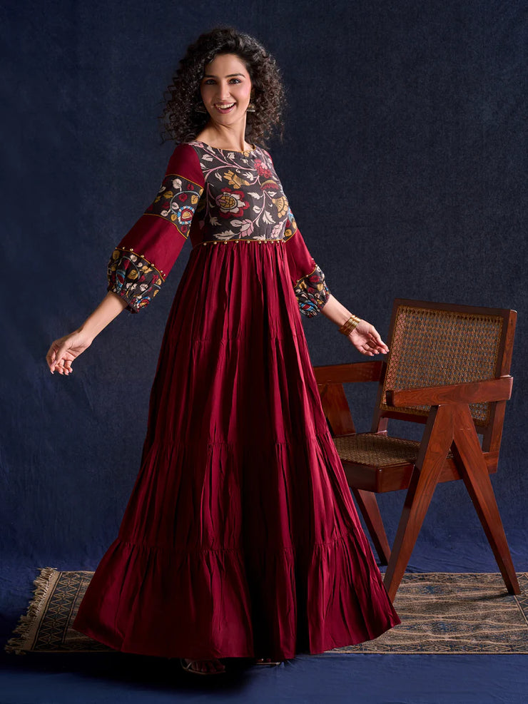 Timeless Maroon Rayon Layered Anarkali Gown with Kalamkari & Golden Accents
