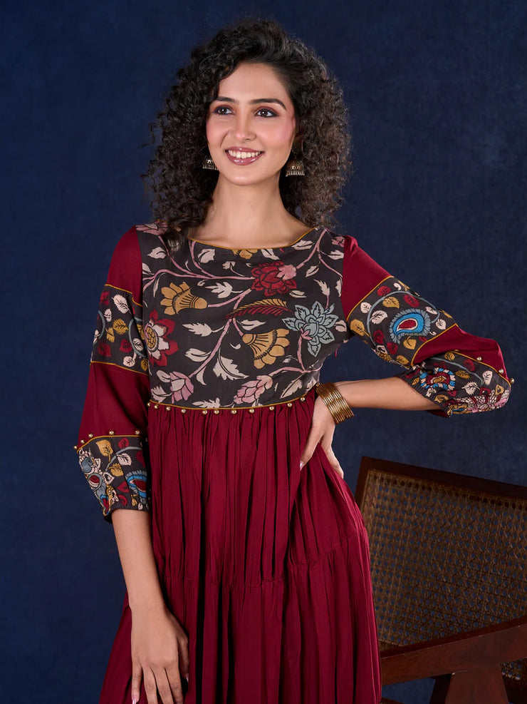 Timeless Maroon Rayon Layered Anarkali Gown with Kalamkari & Golden Accents