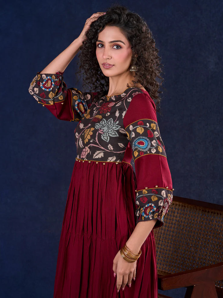 Timeless Maroon Rayon Layered Anarkali Gown with Kalamkari & Golden Accents