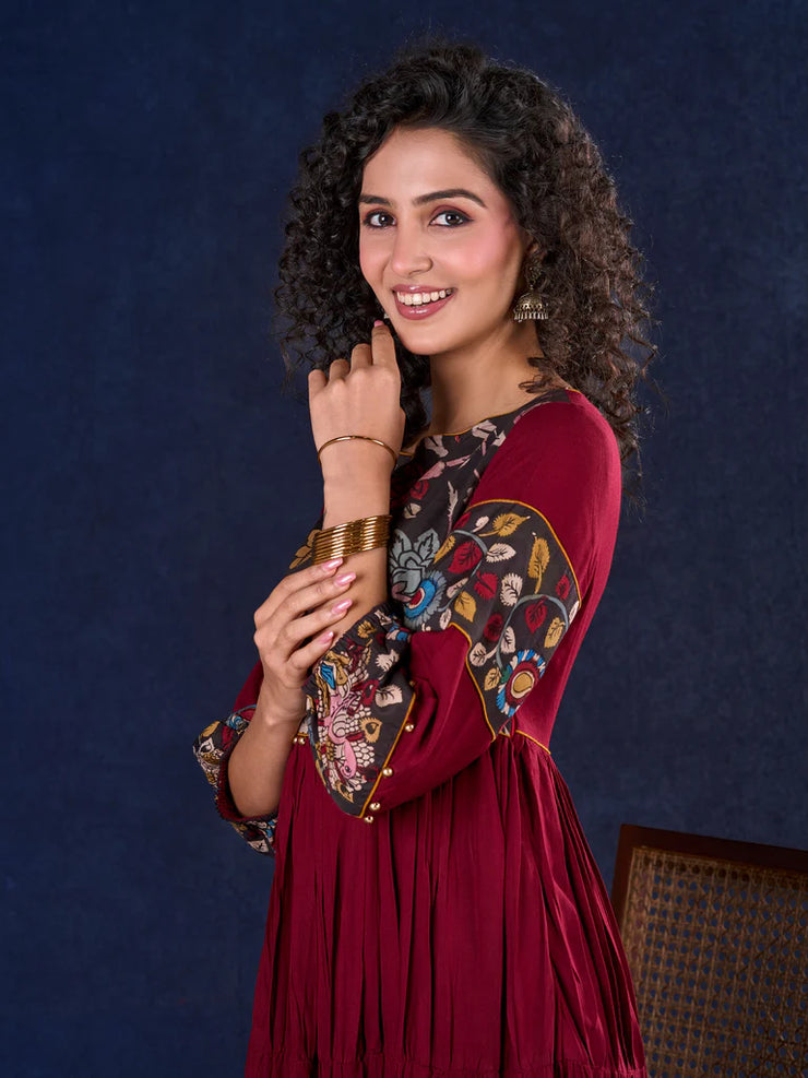 Timeless Maroon Rayon Layered Anarkali Gown with Kalamkari & Golden Accents