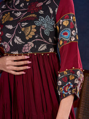 Timeless Maroon Rayon Layered Anarkali Gown with Kalamkari & Golden Accents