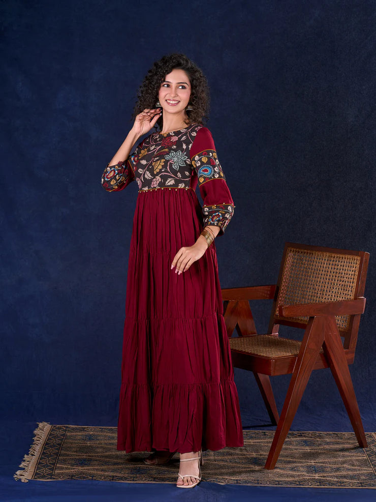 Timeless Maroon Rayon Layered Anarkali Gown with Kalamkari & Golden Accents