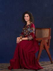 Timeless Maroon Rayon Layered Anarkali Gown with Kalamkari & Golden Accents