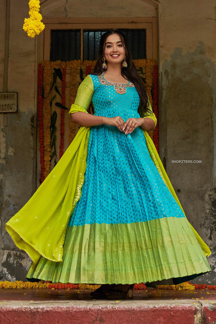 Sea Blue and Lime Green Banarasi Dress