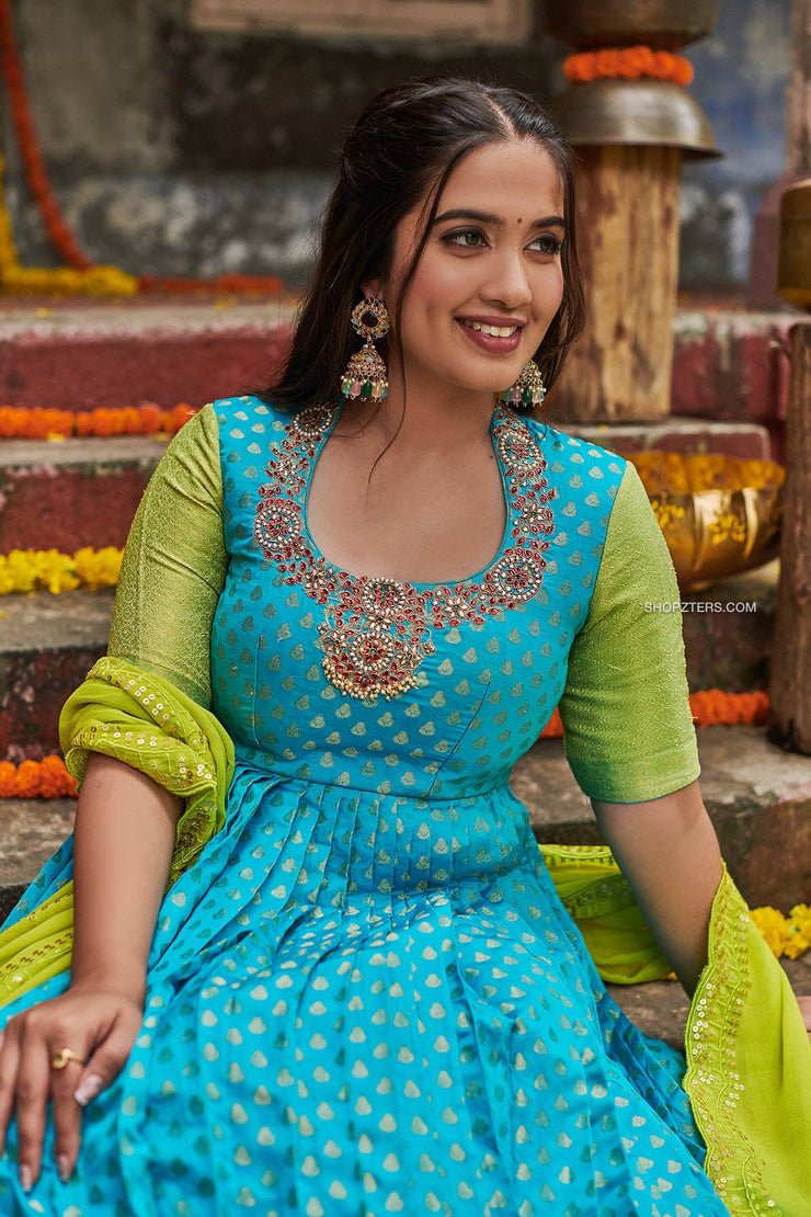 Sea Blue and Lime Green Banarasi Dress