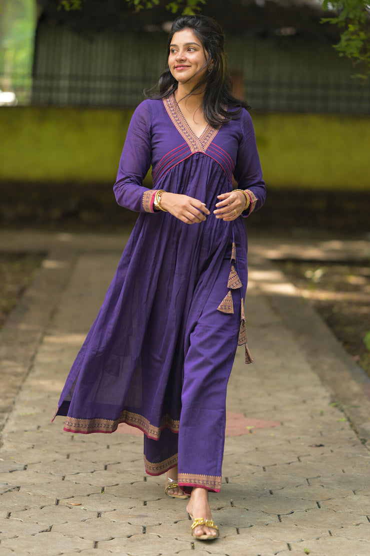 Handloom Violet V-Neck Kurta With Palazzo Pant