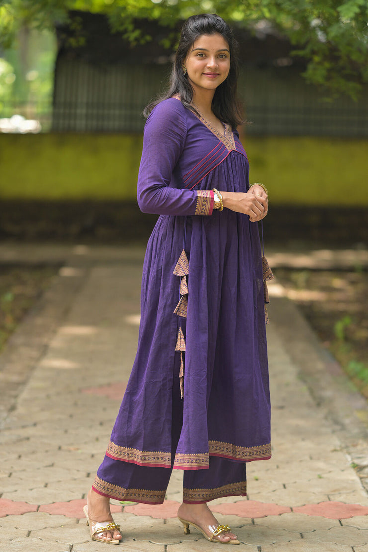 Handloom Violet V-Neck Kurta With Palazzo Pant