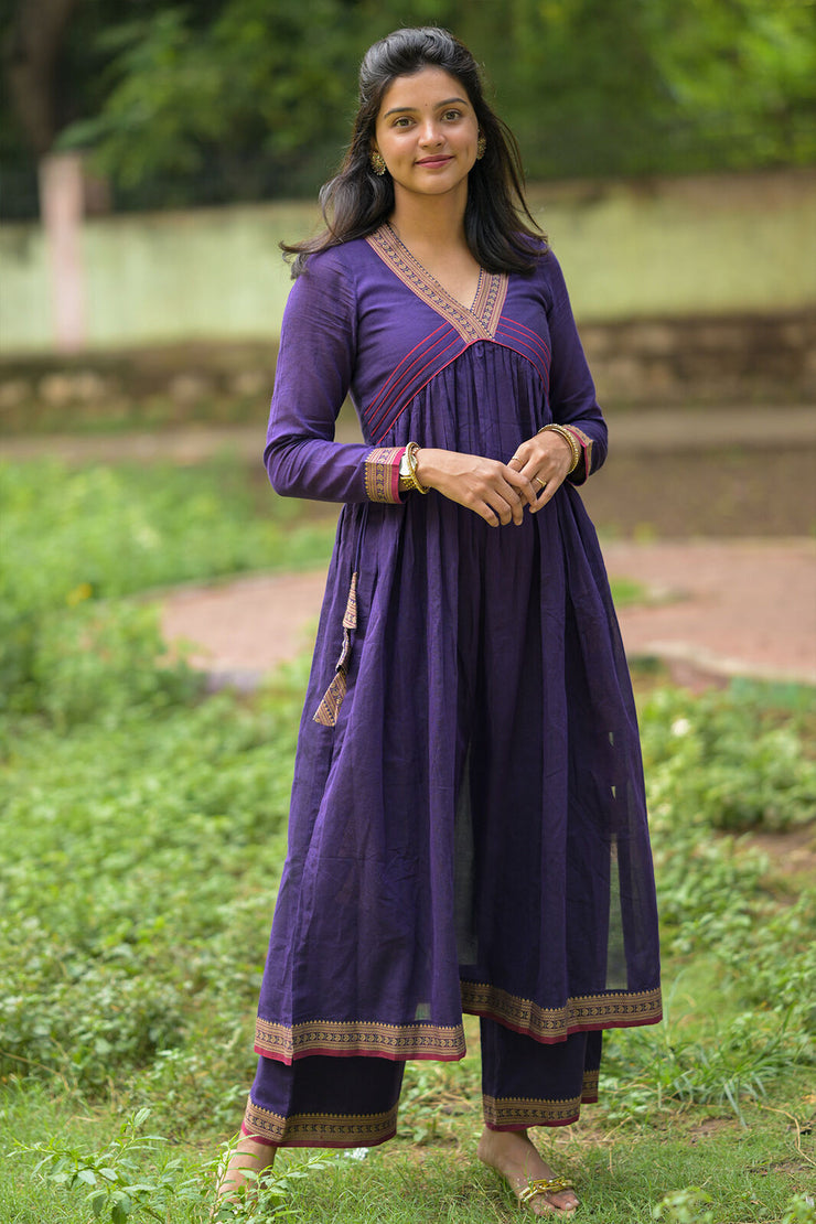 Handloom Violet V-Neck Kurta With Palazzo Pant