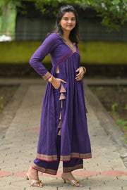 Handloom Violet V-Neck Kurta With Palazzo Pant