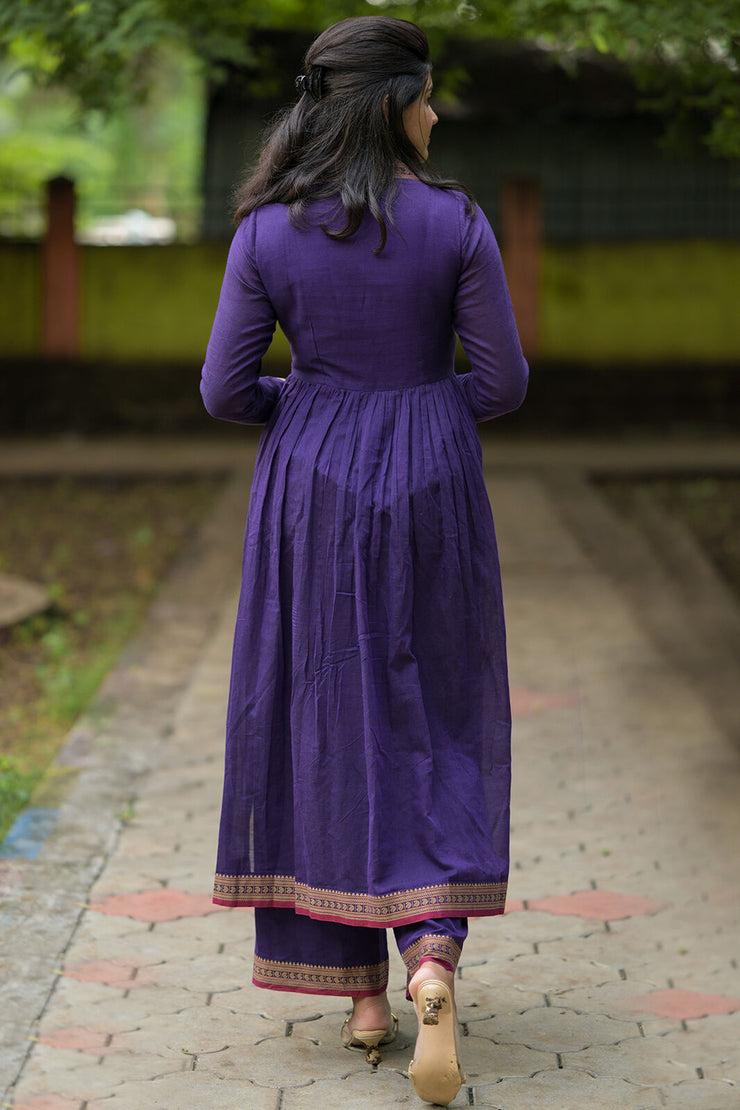 Handloom Violet V-Neck Kurta With Palazzo Pant