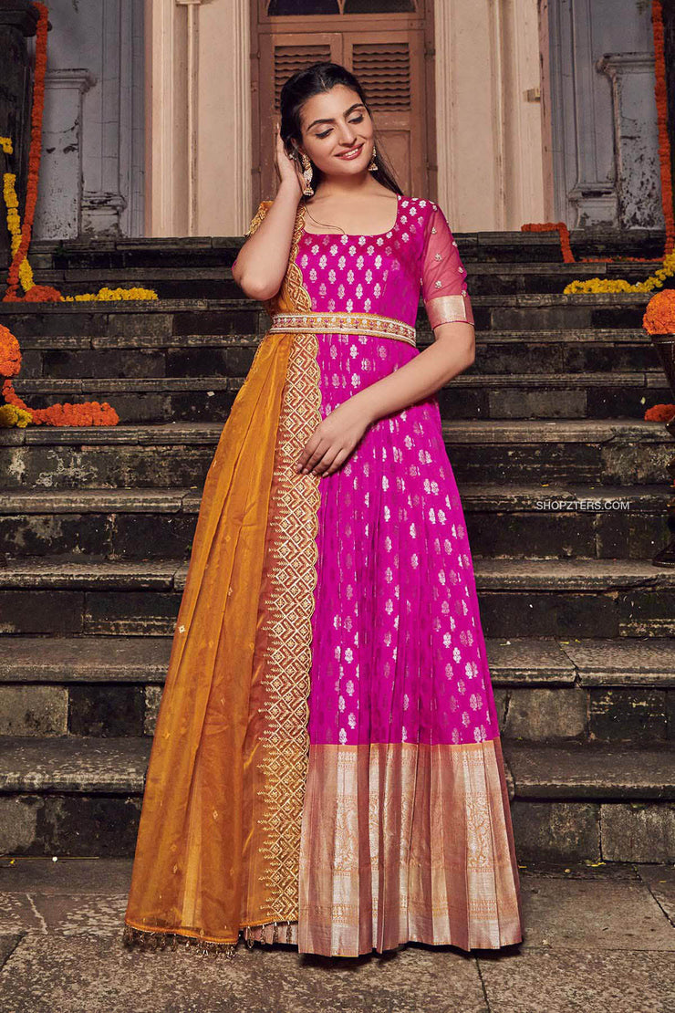 Fuchsia Pink and Orange Banarasi Dress
