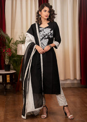Black & White Handloom Cotton Kurta Set with Artistic Musical Hand Painting – 3 Piece