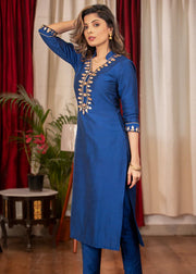 Blue Cotton Silk Straight Kurta Set with Handcrafted Gota Patti Work – 3 Piece