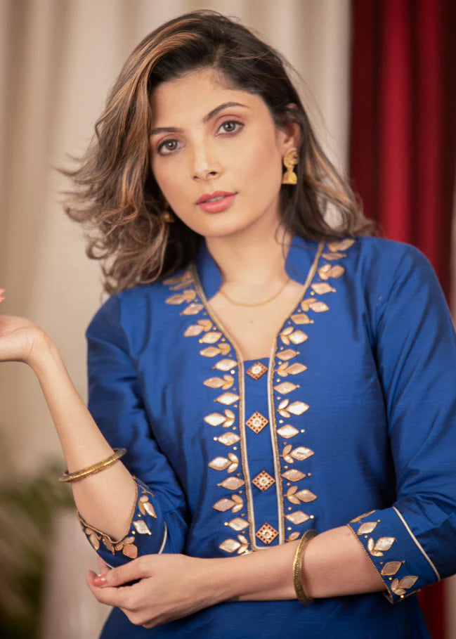 Blue Cotton Silk Straight Kurta Set with Handcrafted Gota Patti Work – 3 Piece
