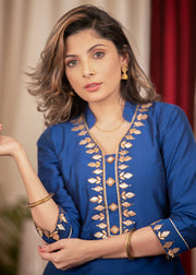Blue Cotton Silk Straight Kurta Set with Handcrafted Gota Patti Work – 3 Piece