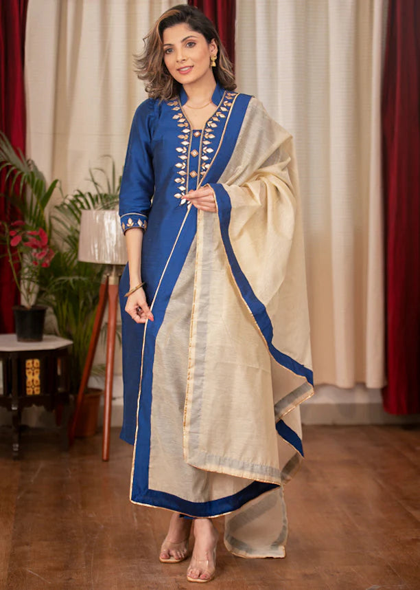 Blue Cotton Silk Straight Kurta Set with Handcrafted Gota Patti Work – 3 Piece