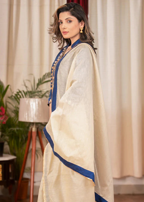Blue Cotton Silk Straight Kurta Set with Handcrafted Gota Patti Work – 3 Piece