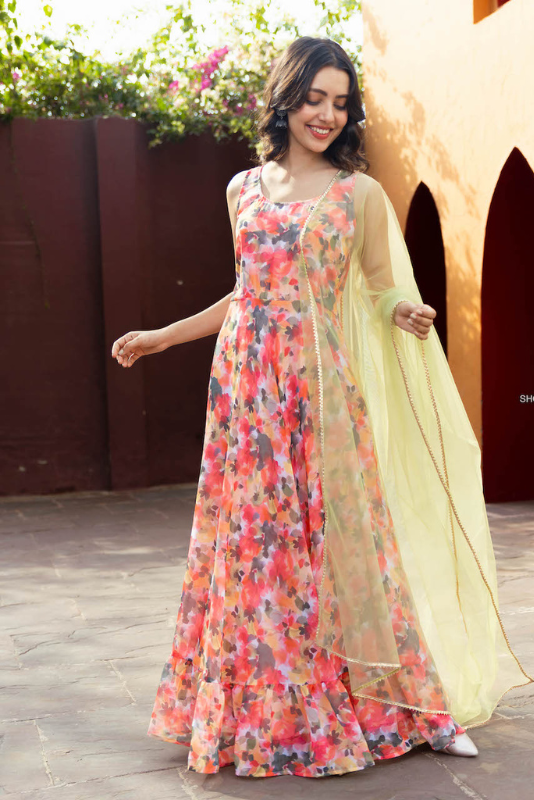 Floral Georgette Sleeveless Dress with Net Dupatta