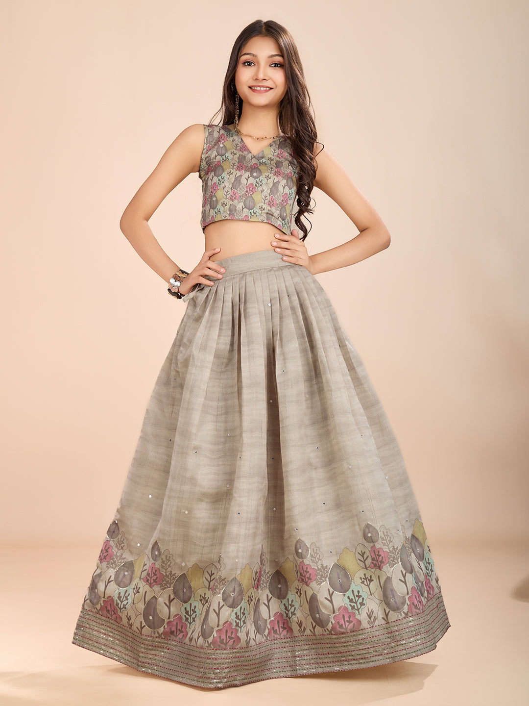 Kids Grey Silk blend Lehenga