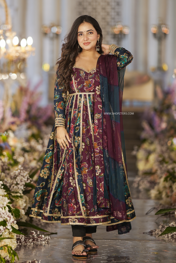 Maroon & Green Rayon Floral Suit Set