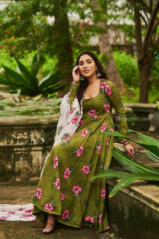 Mehandi Green Cotton Floral Kalamkari Dress With Dupatta