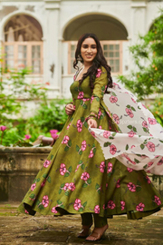 Mehandi Green Cotton Floral Kalamkari Dress With Dupatta