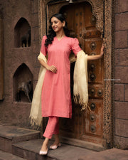 Pink Cotton Kurta Set With Organza Dupatta