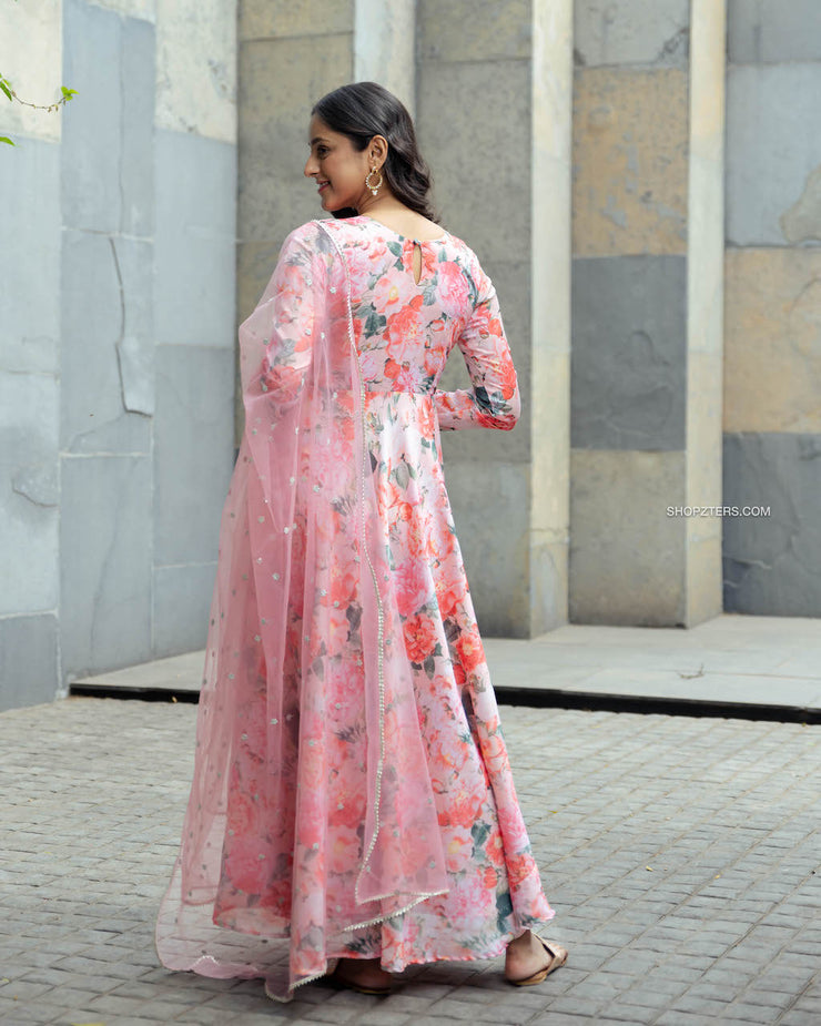 Pink Floral Silk Georgette Dress with Embroidered Net Dupatta