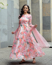Pink Floral Silk Georgette Dress with Embroidered Net Dupatta