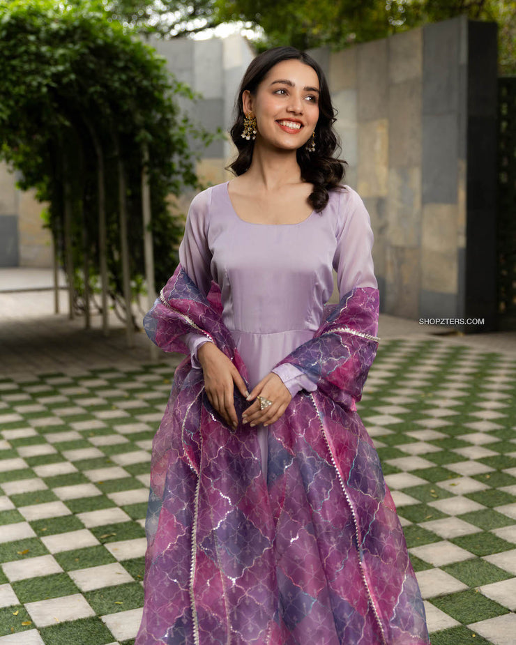 Lilac Georgette Dress with Multicolor Organza Dupatta