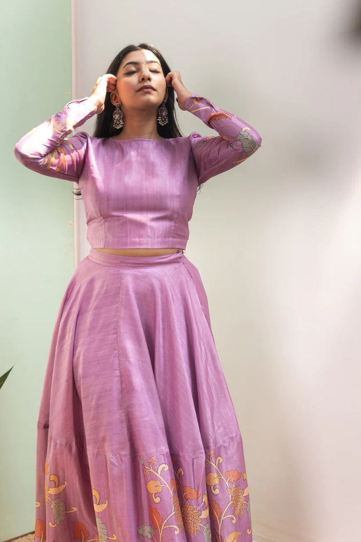 Lilac Kalamkari Tussar Silk Lehenga