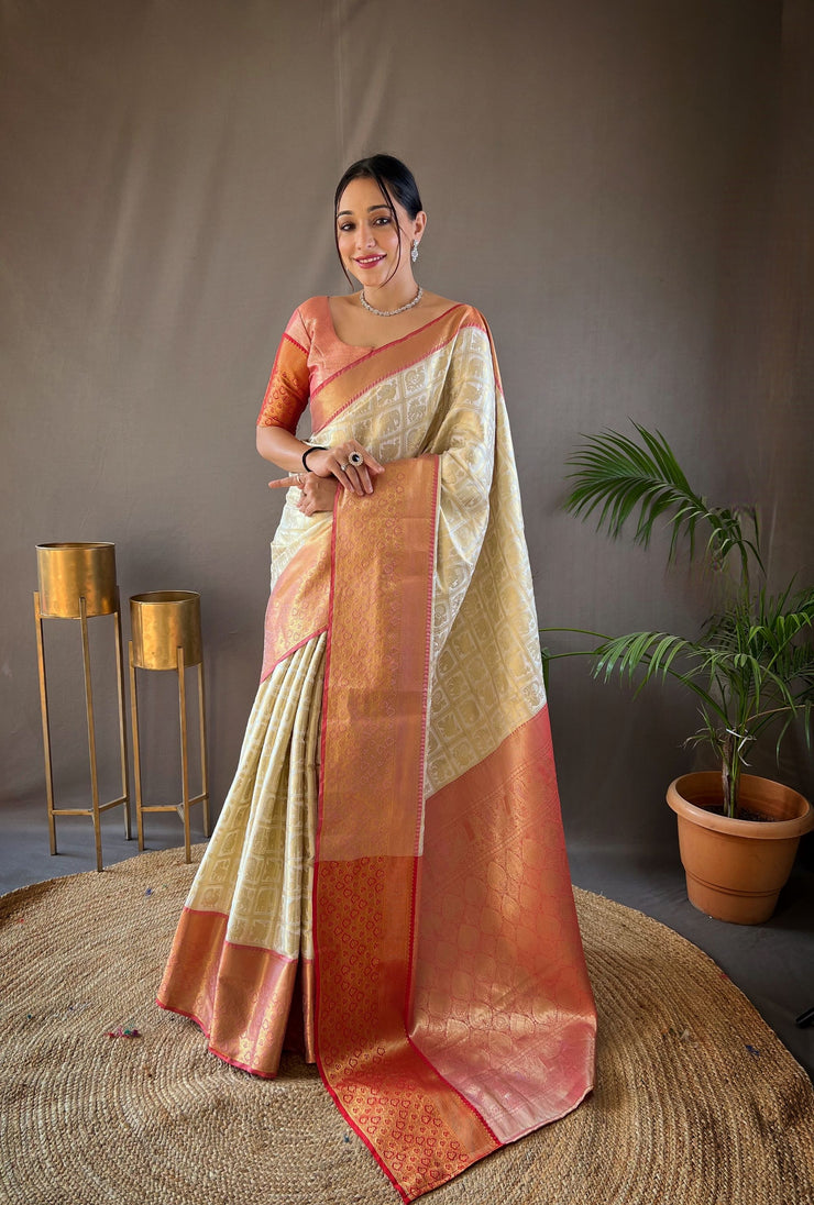 Checked Pattern Peacock And Elephant Buttas Silk Saree