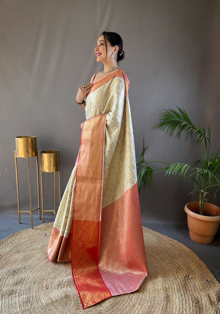 Checked Pattern Peacock And Elephant Buttas Silk Saree