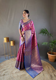 Checked Pattern Peacock And Elephant Buttas Silk Saree