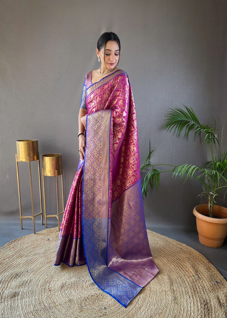 Checked Pattern Peacock And Elephant Buttas Silk Saree