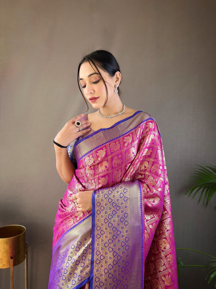 Checked Pattern Peacock And Elephant Buttas Silk Saree