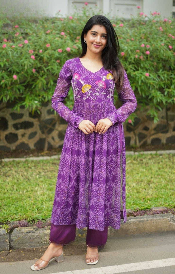 Panna Bandhej Kurta Set in Purple
