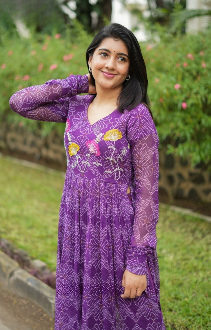 Panna Bandhej Kurta Set in Purple
