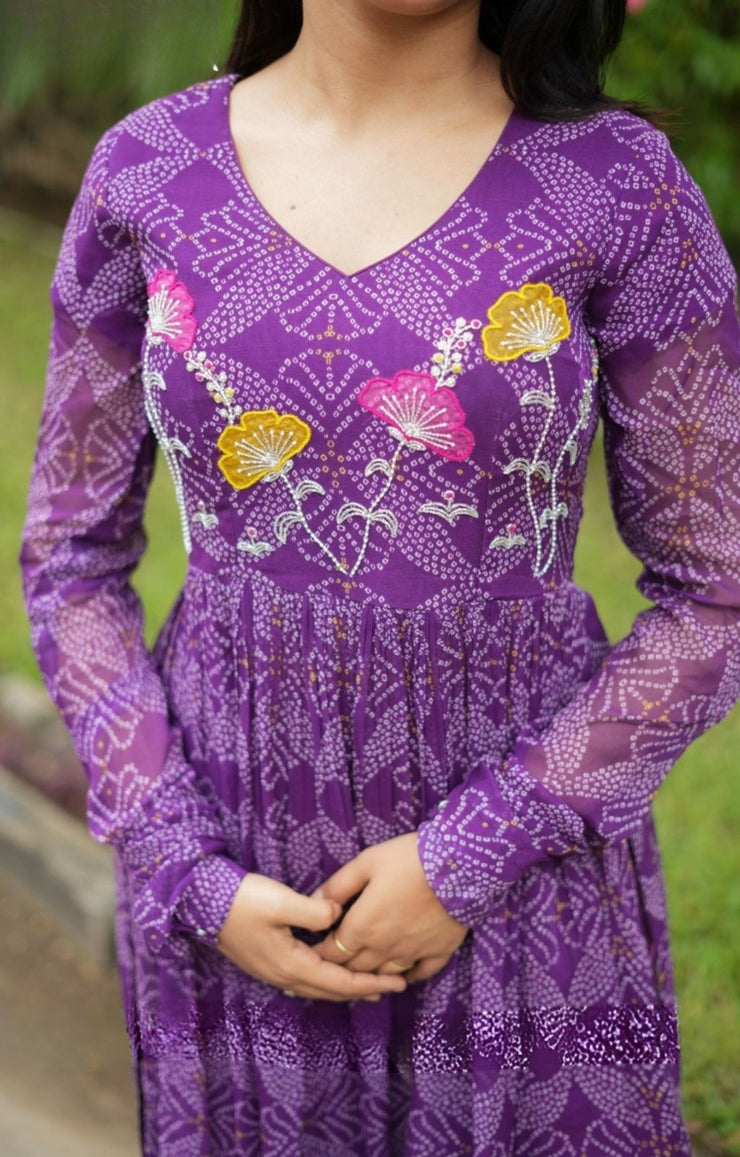 Panna Bandhej Kurta Set in Purple
