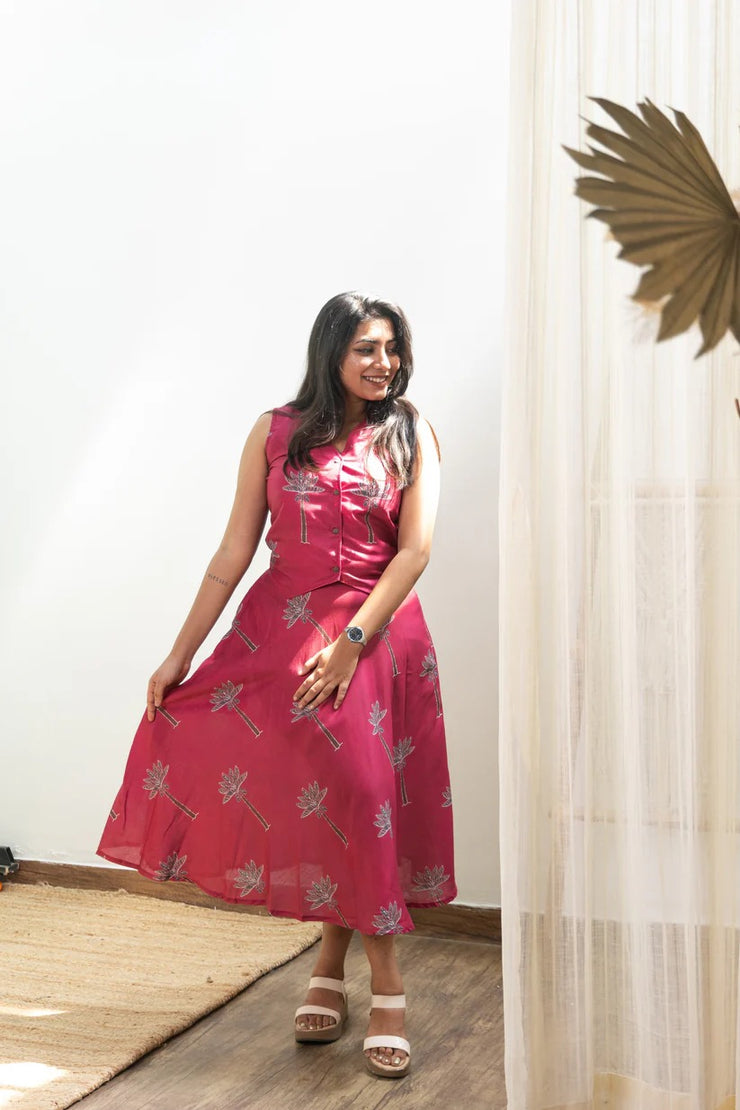 Ruhi Magenta Tree Vest Skirt Set