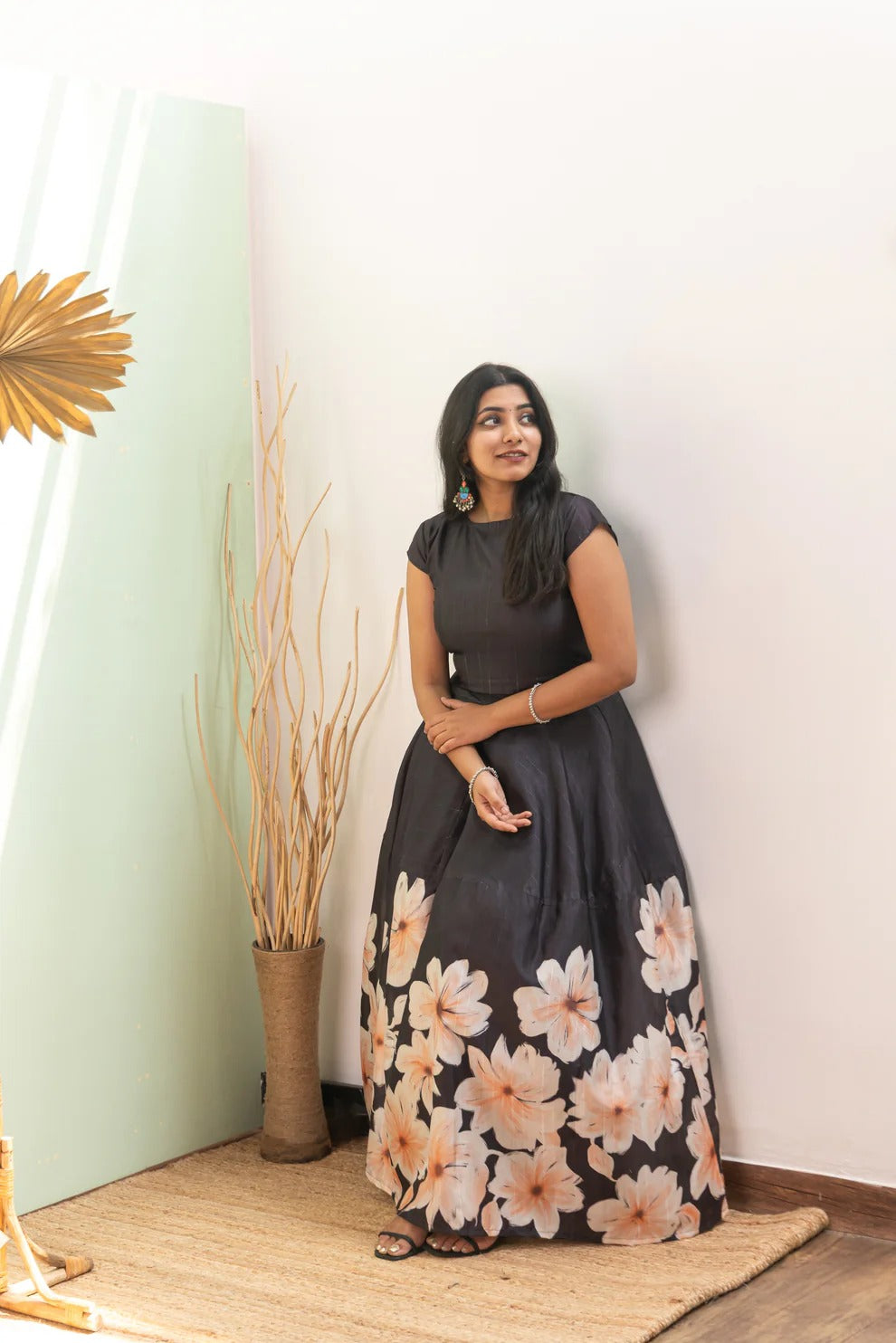 Black Floral Tussar Silk Lehenga