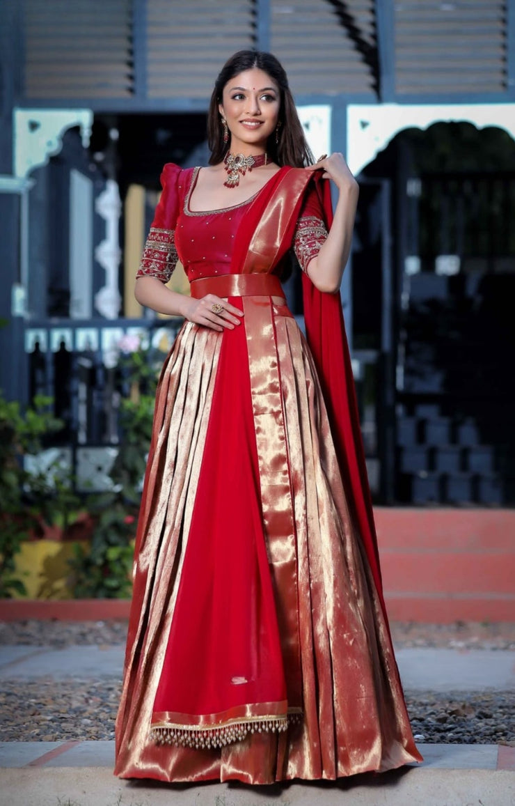 Saffron Half Saree Set In Wine