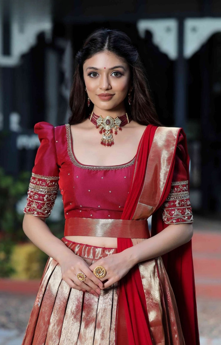 Saffron Half Saree Set In Wine