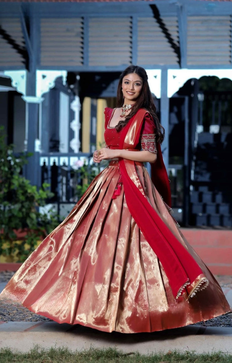 Saffron Half Saree Set In Wine