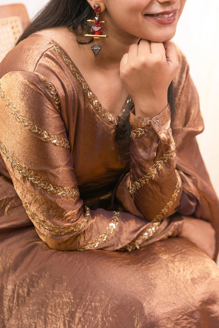 Anjali Golden Crushed Silk Anarkali