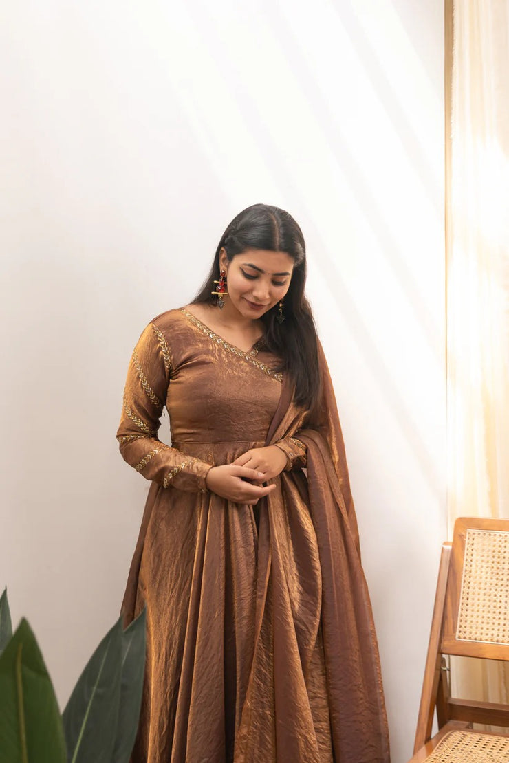 Anjali Golden Crushed Silk Anarkali