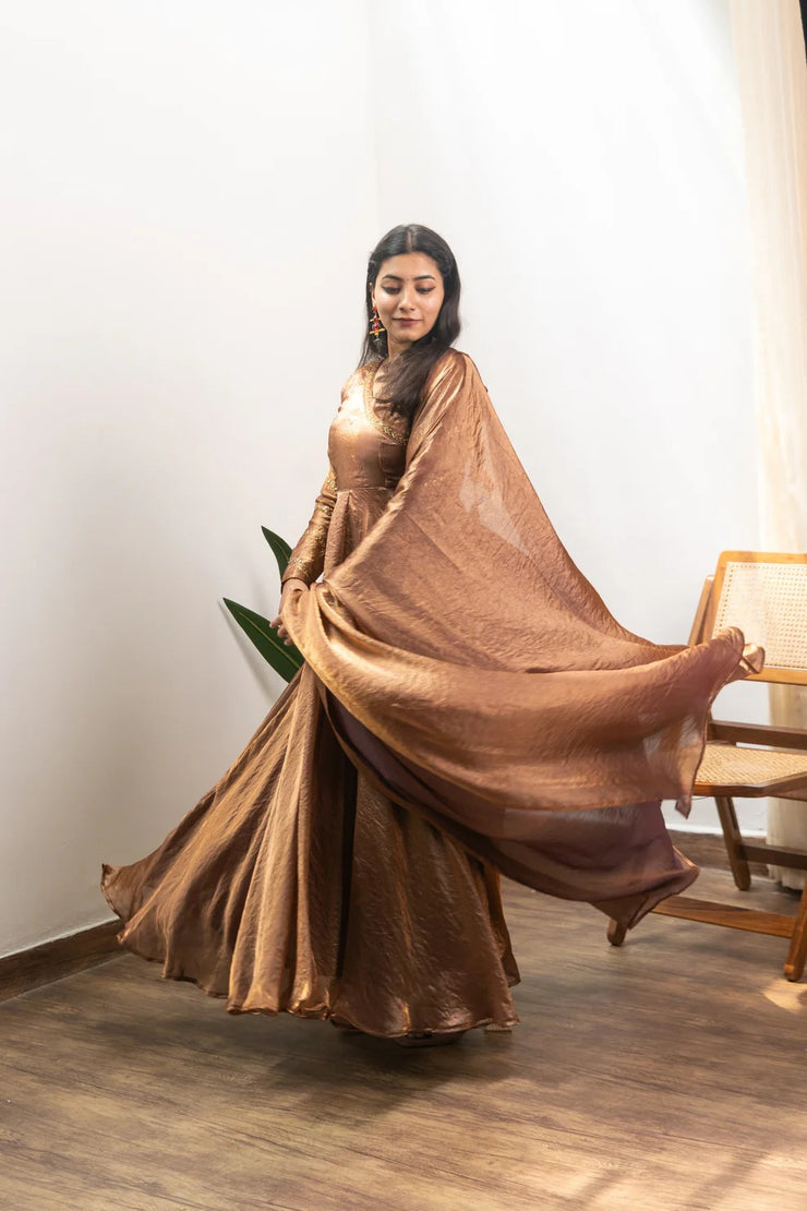 Anjali Golden Crushed Silk Anarkali