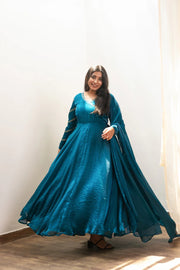 Anjali Peacock Blue Crushed Silk Anarkali